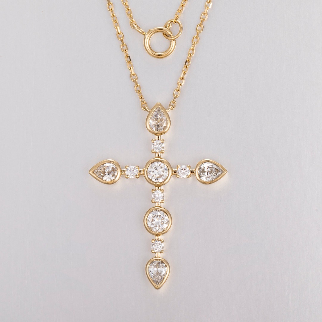 Bezels Set Pendant - 14K Yellow Gold Lab-Grown Diamond Cross